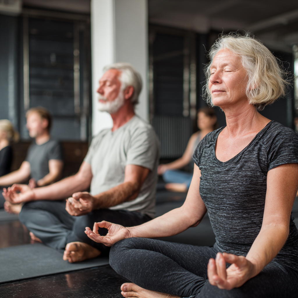 happy 54 years old adults at yoga session at plimurest studio